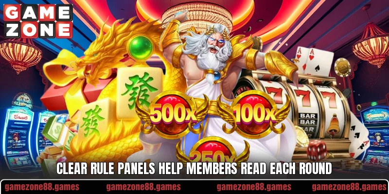 Clear rule panels help members read each round